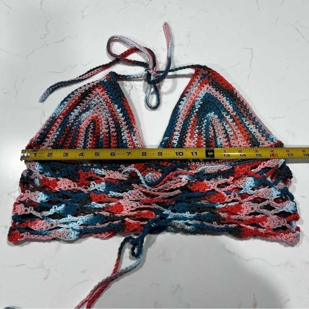 Boho Multi Colored Crochet Halter Top Lace Up Open Back - Picture 7 of 8